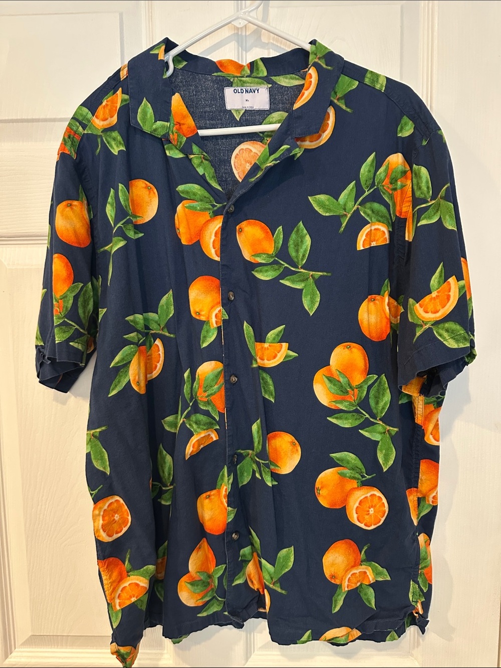 Old Navy Navy Button-Up Shirt with Orange Fruit Print